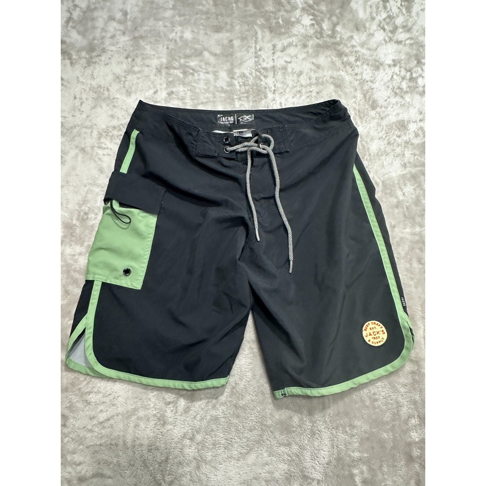 Jacks Surfboards Shorts Mens Size 30 Black‎ Green Trim Cargo Pocket Drawstring